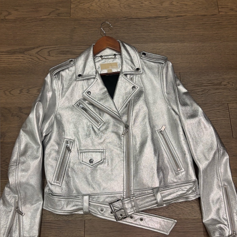 Michael Kors Metallic Silver Leather Jacket excellent condition